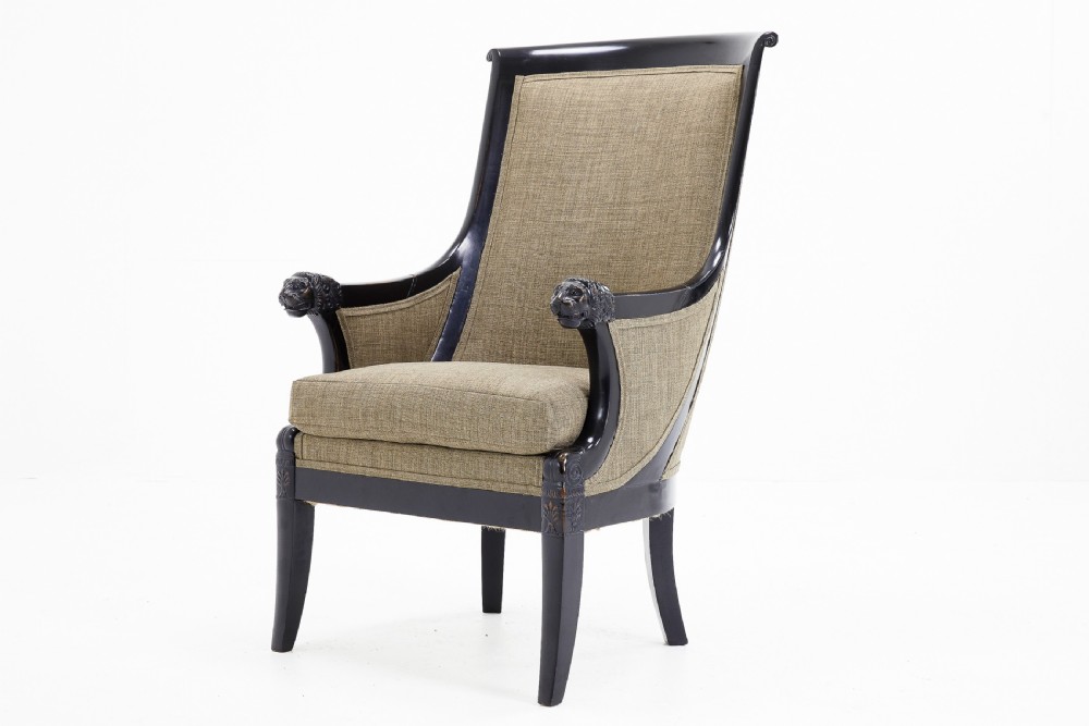19th Century French Ebonised Armchair with Carved Lion's Heads View II