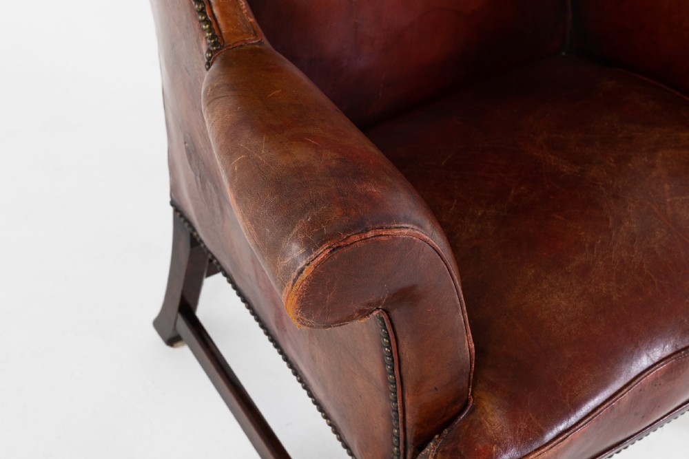George III Mahogany and Leather Wing Chair View II