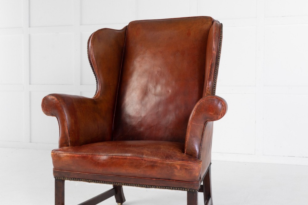 George III Mahogany and Leather Wing Chair View V
