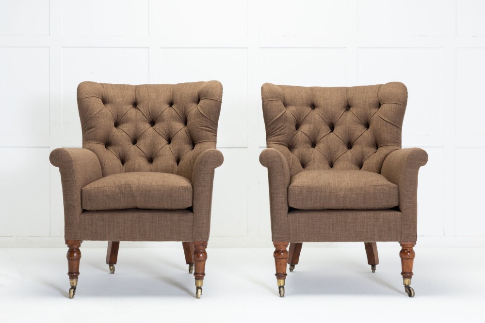 Pair of 19th Century English Button Back Armchairs