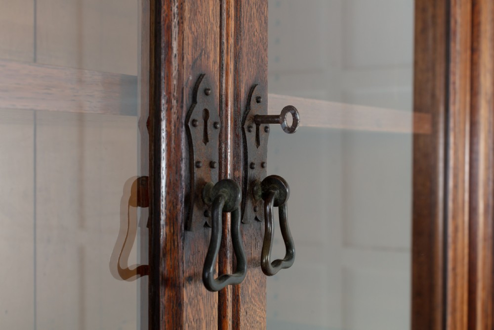A tall nineteenth-century solid oak glazed bookcase featuring upper glass doors, four central drawers, and lower cupboard doors with carved linenfold panels. View VIII