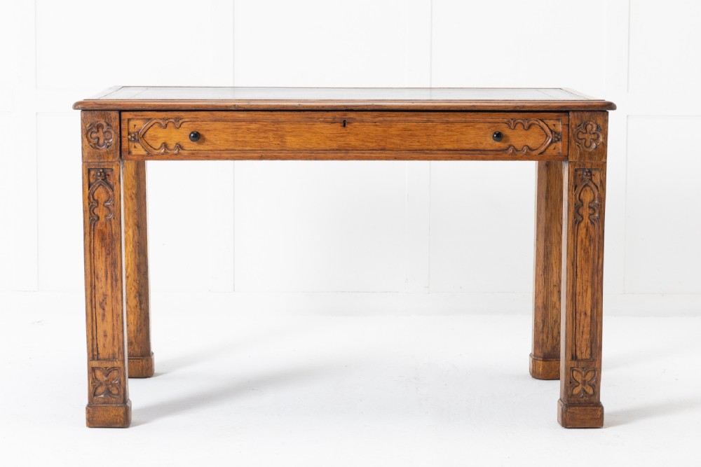19th Century Regency Oak Gothic Desk with Leather Top View II