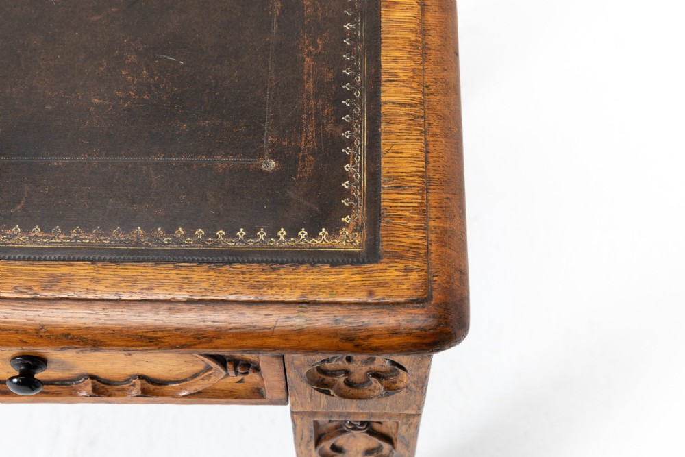19th Century Regency Oak Gothic Desk with Leather Top View V