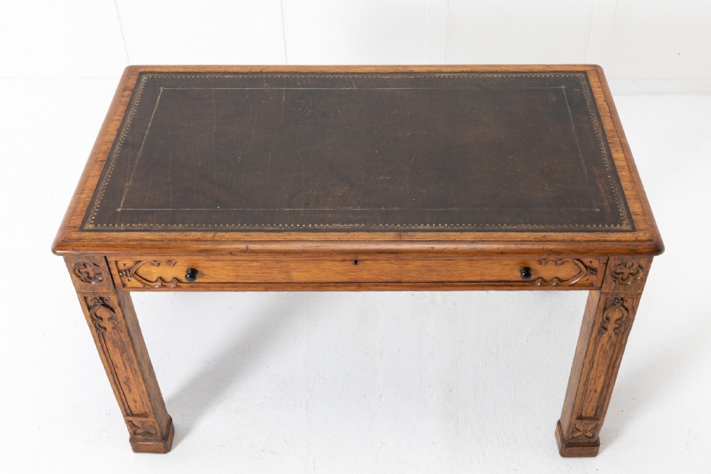 19th Century Regency Oak Gothic Desk with Leather Top View VI
