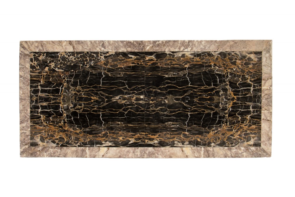 A 19th-century Italian walnut console table with a black marble top, gilt mask motif, and tapered legs. View III