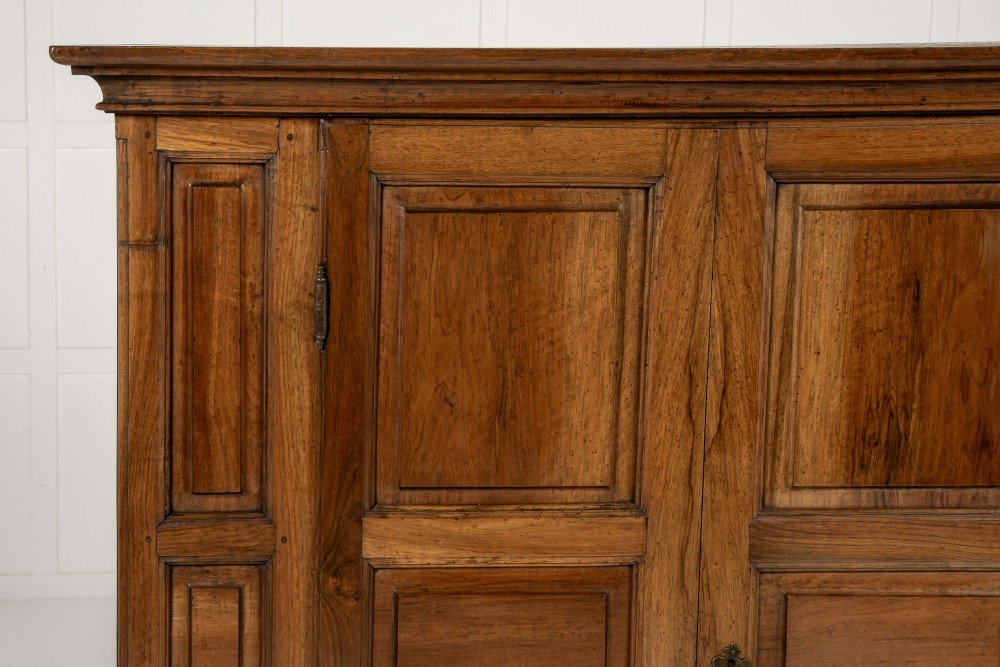 An 18th-century Italian walnut cabinet featuring twin raised geometric panel doors, moulded side panels, iron hardware, and a stepped plinth base. View IV