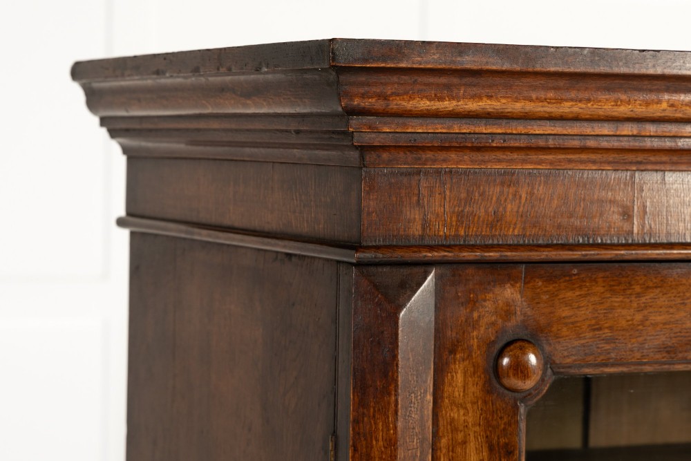 A tall 19th-century English pollard oak bookcase featuring a glazed two-door upper section and a solid panelled lower cupboard with circular boss details. View II