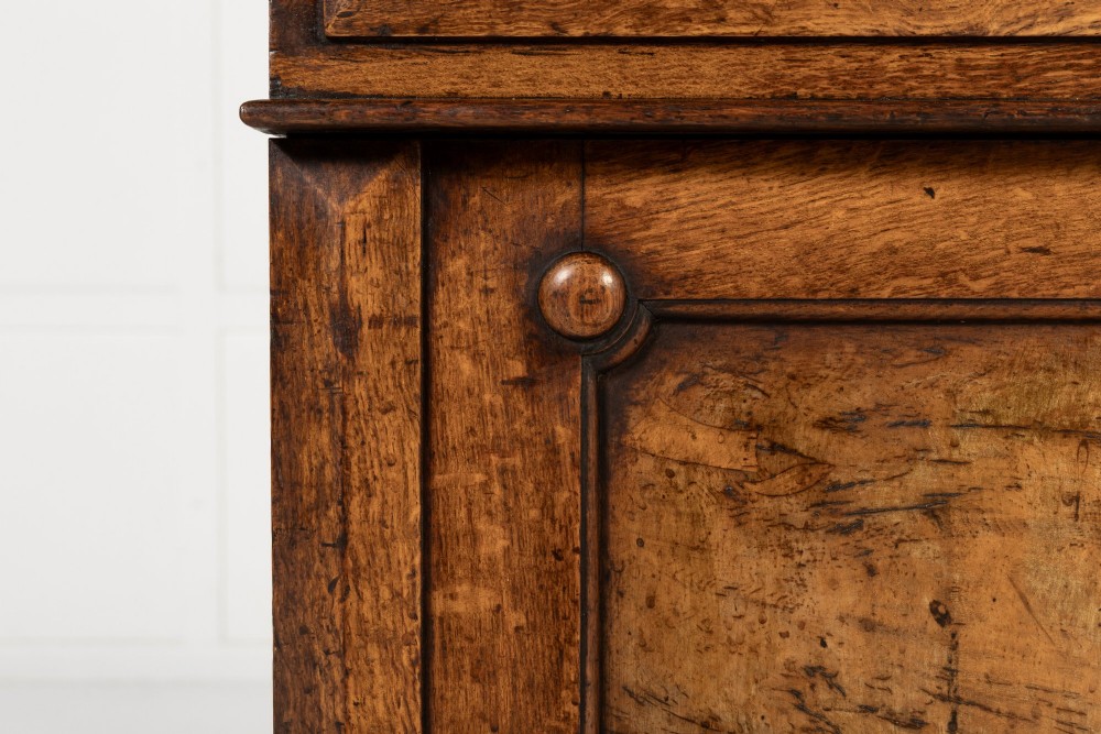 A tall 19th-century English pollard oak bookcase featuring a glazed two-door upper section and a solid panelled lower cupboard with circular boss details. View III
