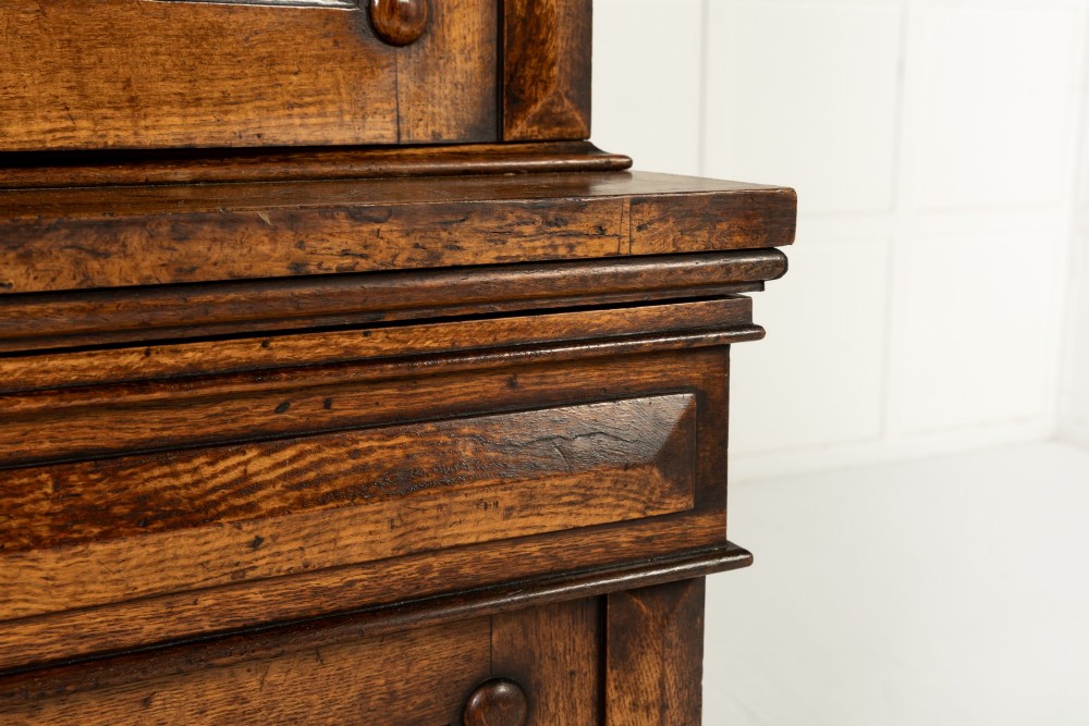 A tall 19th-century English pollard oak bookcase featuring a glazed two-door upper section and a solid panelled lower cupboard with circular boss details. View V
