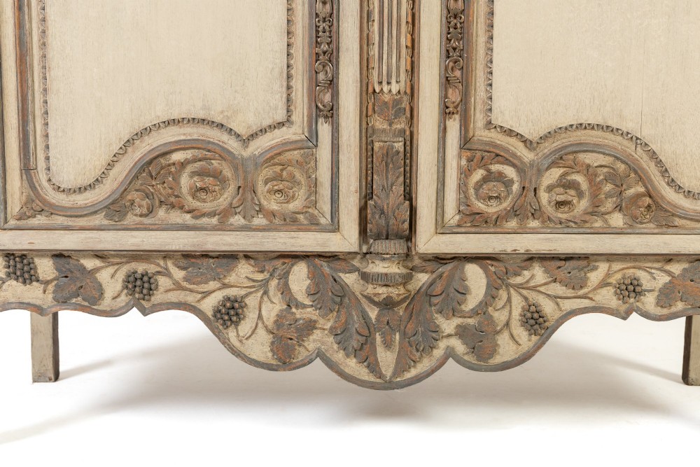 An eighteenth-century carved French painted oak armoire featuring two doors with ornate floral mouldings and short cabriole feet. View XIII