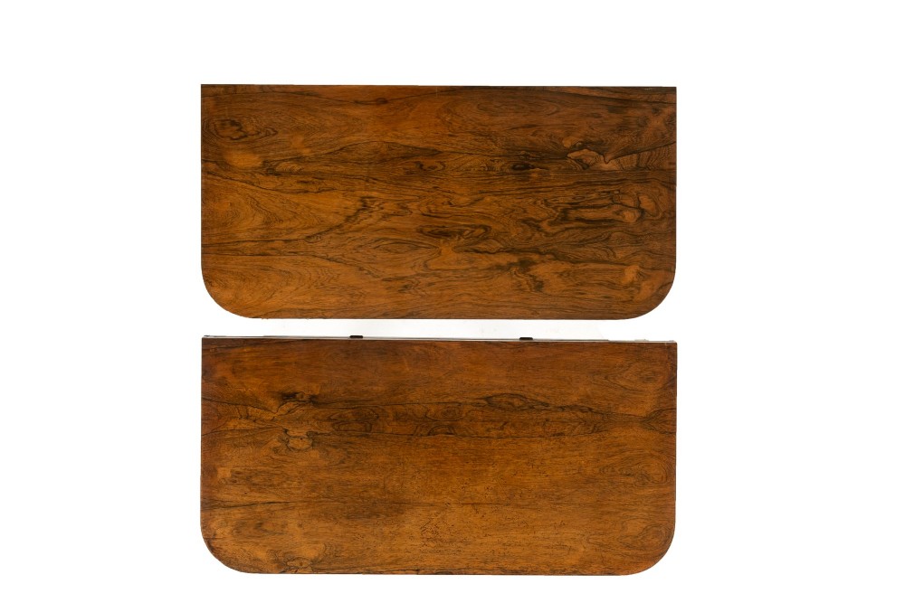 A pair of 19th-century English Regency rosewood foldover card tables with brass stringing inlay and fluted tapered legs. View III