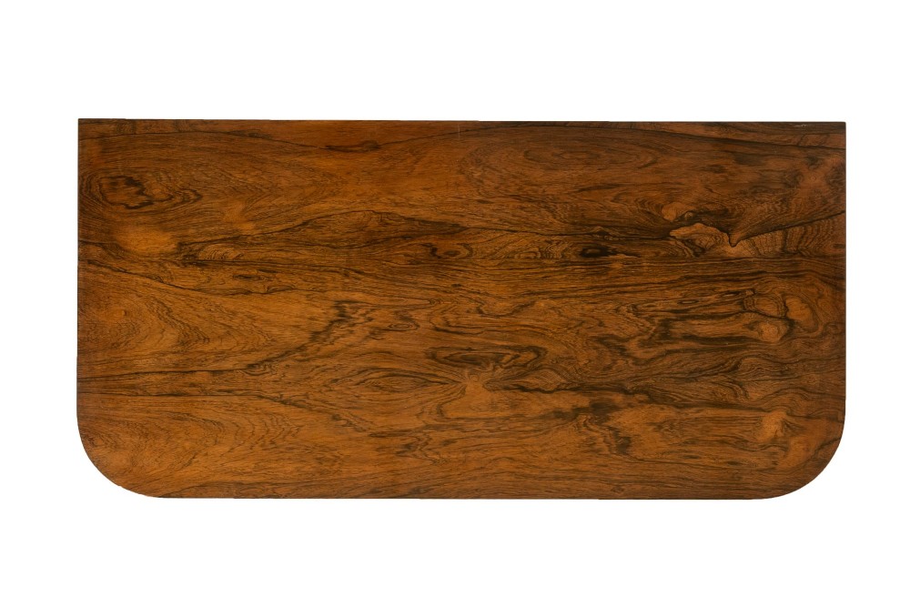 A pair of 19th-century English Regency rosewood foldover card tables with brass stringing inlay and fluted tapered legs. View IV