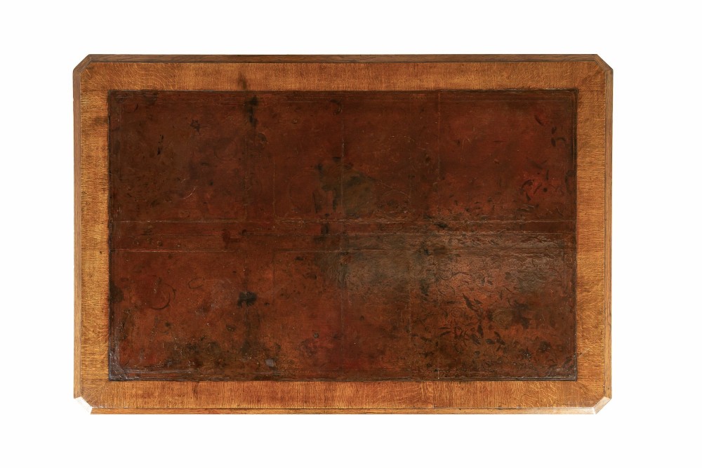 A large 19th-century English oak partners desk with twin pedestals, multiple drawers, metal drop handles, and panelled sides. View VII