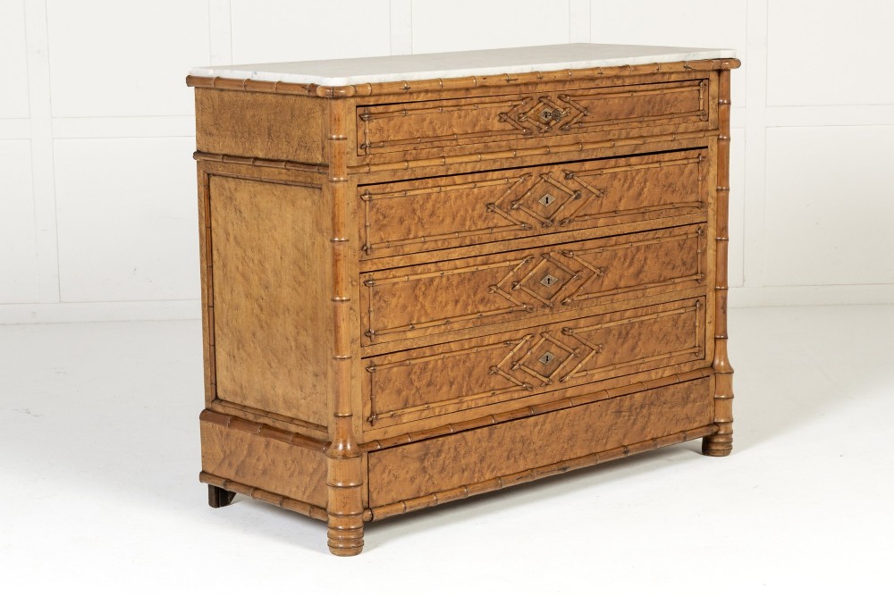 19th Century French Birds Eye Maple Faux Bamboo Commode