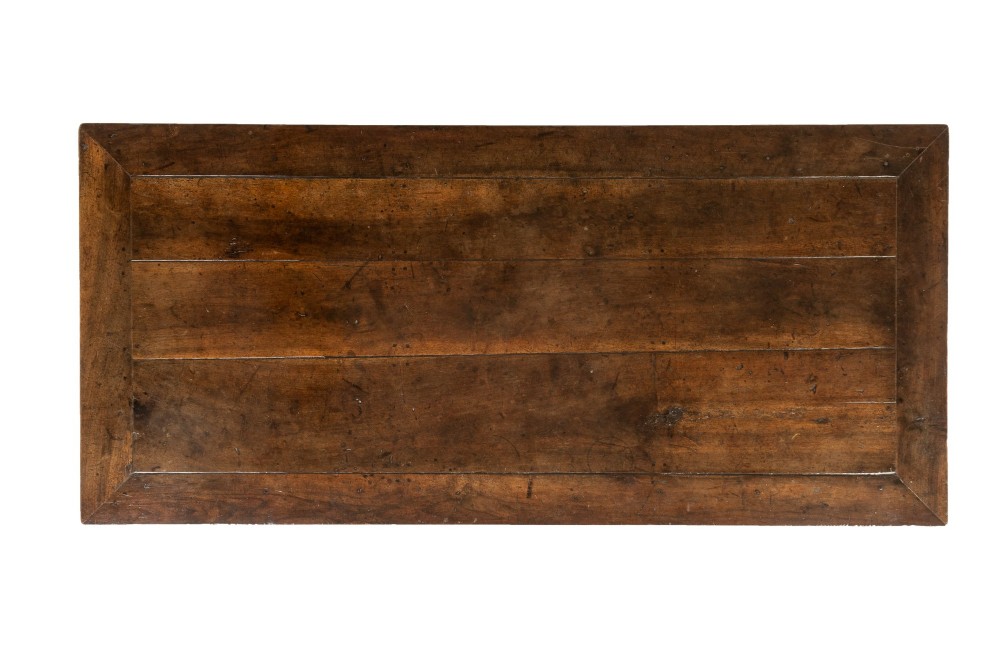 An 18th-century French cherrywood rectangular farmhouse dining table featuring a framed plank top, frieze drawer, and tapered legs. View II