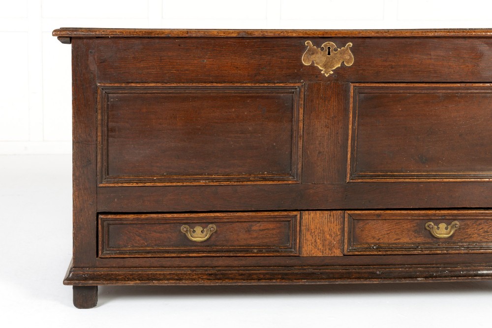 An 18th-century dark oak mule chest with a hinged top lid, two panelled front sections, two lower drawers, and brass hardware. View II