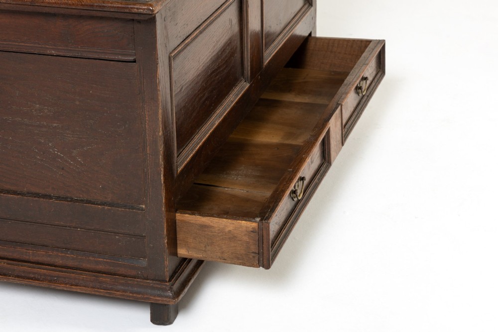 An 18th-century dark oak mule chest with a hinged top lid, two panelled front sections, two lower drawers, and brass hardware. View V