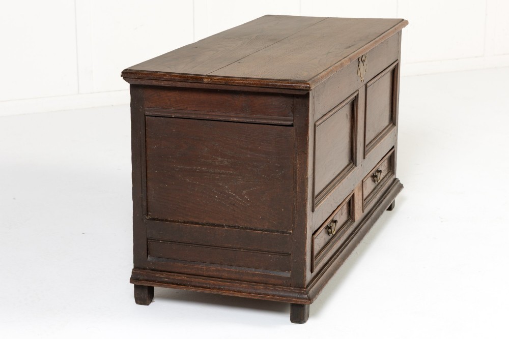 An 18th-century dark oak mule chest with a hinged top lid, two panelled front sections, two lower drawers, and brass hardware. View VI