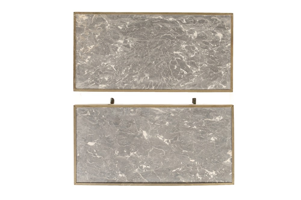 A pair of 19th-century bistro tables featuring rectangular grey veined marble tops framed in brass above weathered green-painted cast iron bases. View IX