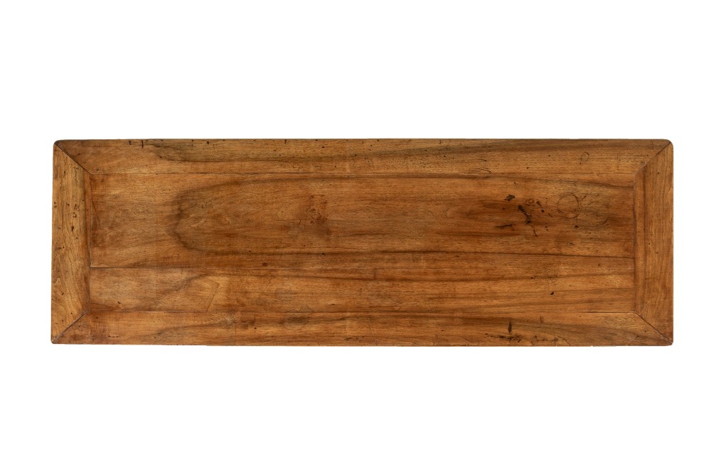 A 19th-century French walnut drapers table with three drawers, wooden knobs, a central keyhole, and turned legs with lower stretchers. View V