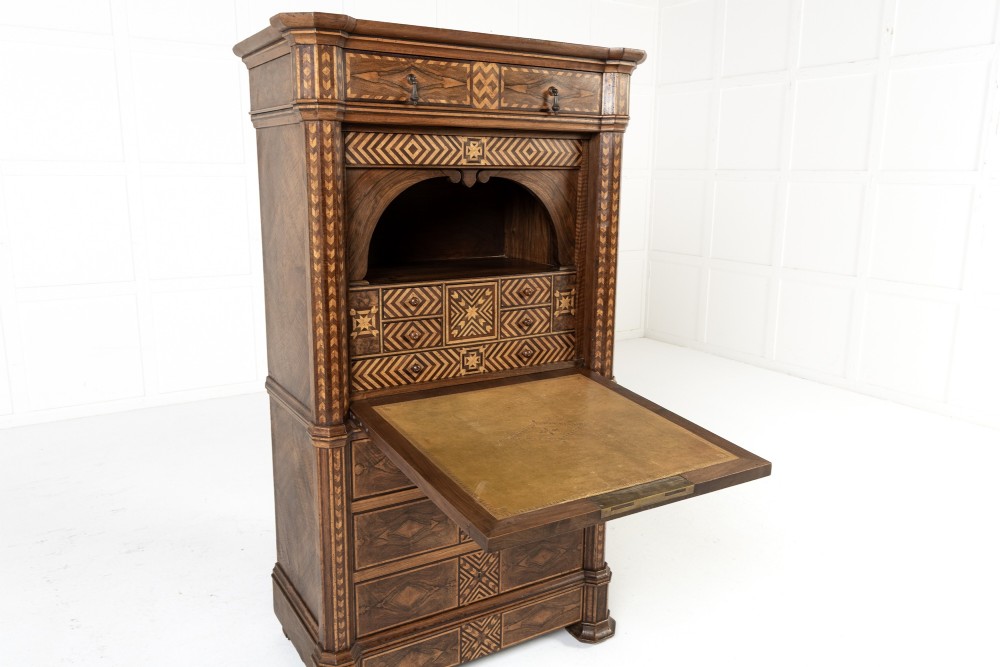 A tall nineteenth-century Italian secretaire cabinet featuring geometric marquetry veneer, a drop-front fall, and stacked drawers. View V