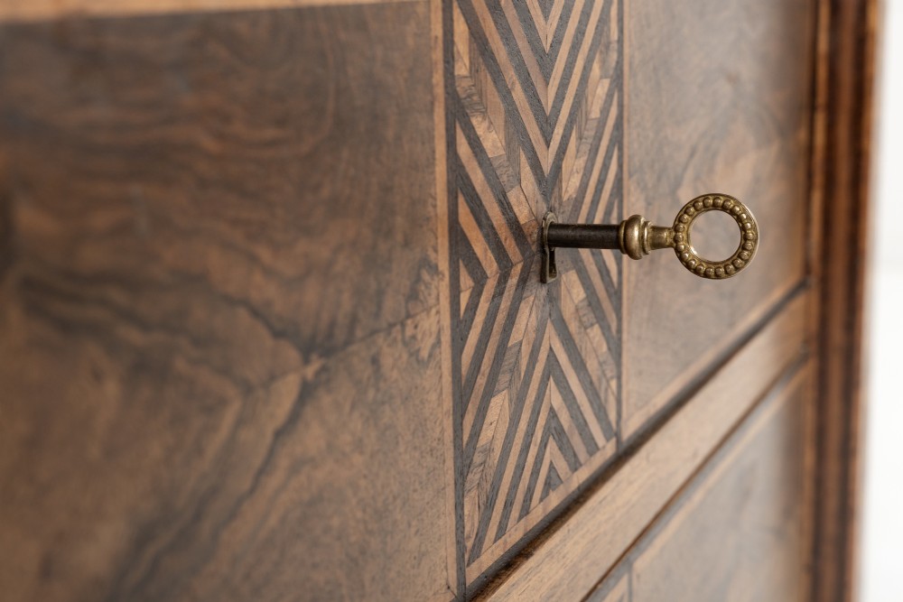 A tall nineteenth-century Italian secretaire cabinet featuring geometric marquetry veneer, a drop-front fall, and stacked drawers. View XI