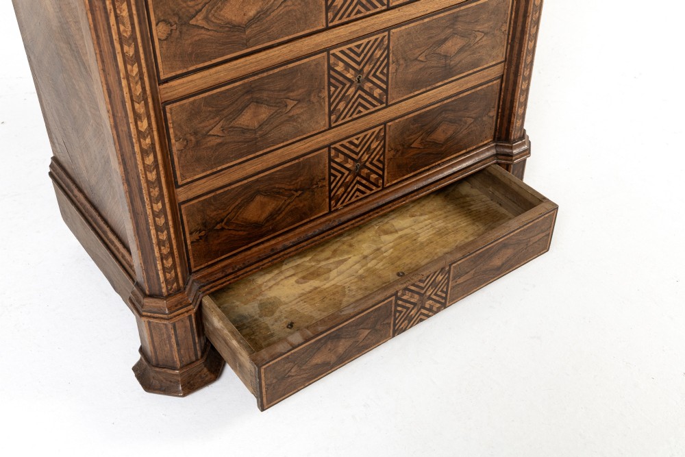 A tall nineteenth-century Italian secretaire cabinet featuring geometric marquetry veneer, a drop-front fall, and stacked drawers. View XIII