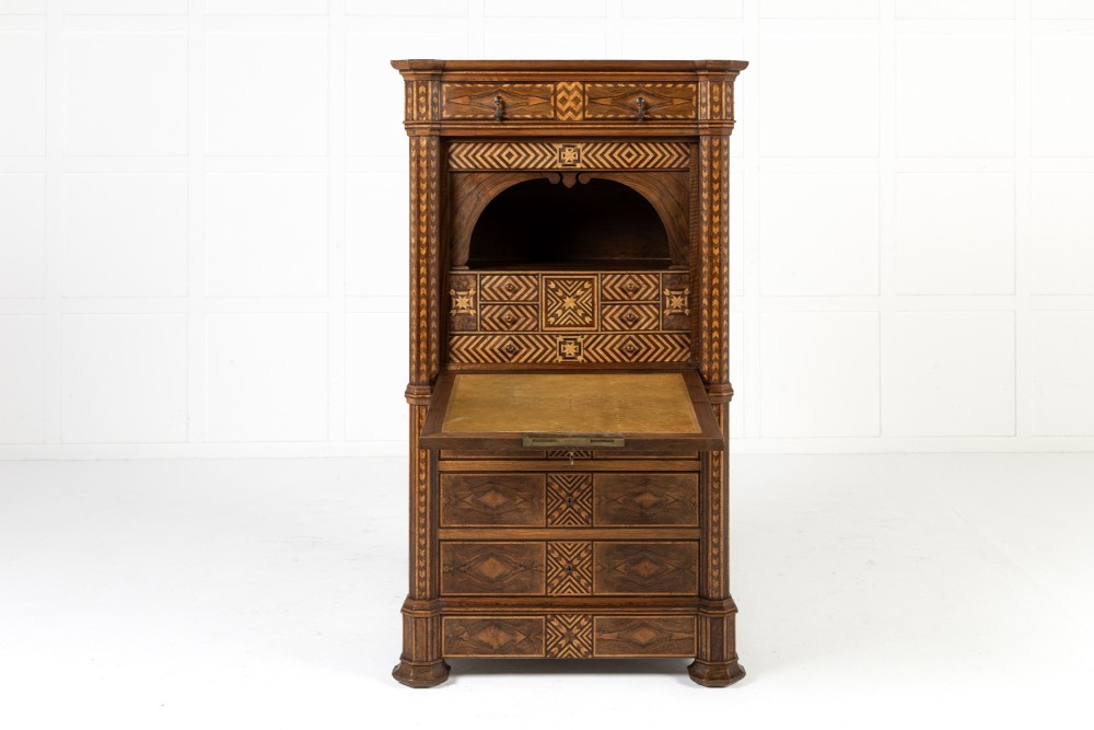 A tall nineteenth-century Italian secretaire cabinet featuring geometric marquetry veneer, a drop-front fall, and stacked drawers. View XIV
