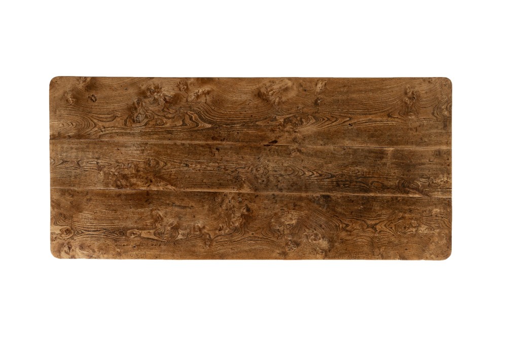 An 18th-century English elm farmhouse table featuring a rectangular plank top with prominent wood grain, a side drawer with brass knobs, and tapered square legs. View II