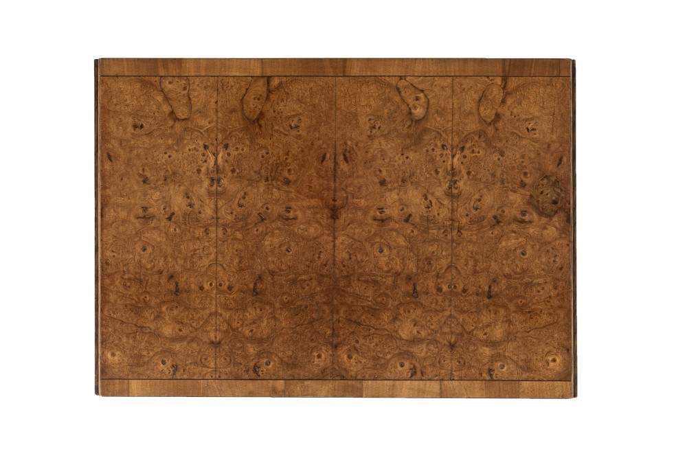A 19th-century warm brown elm sofa table with two drop leaves, two frieze drawers, twin pedestal supports, and brass castors. View VI