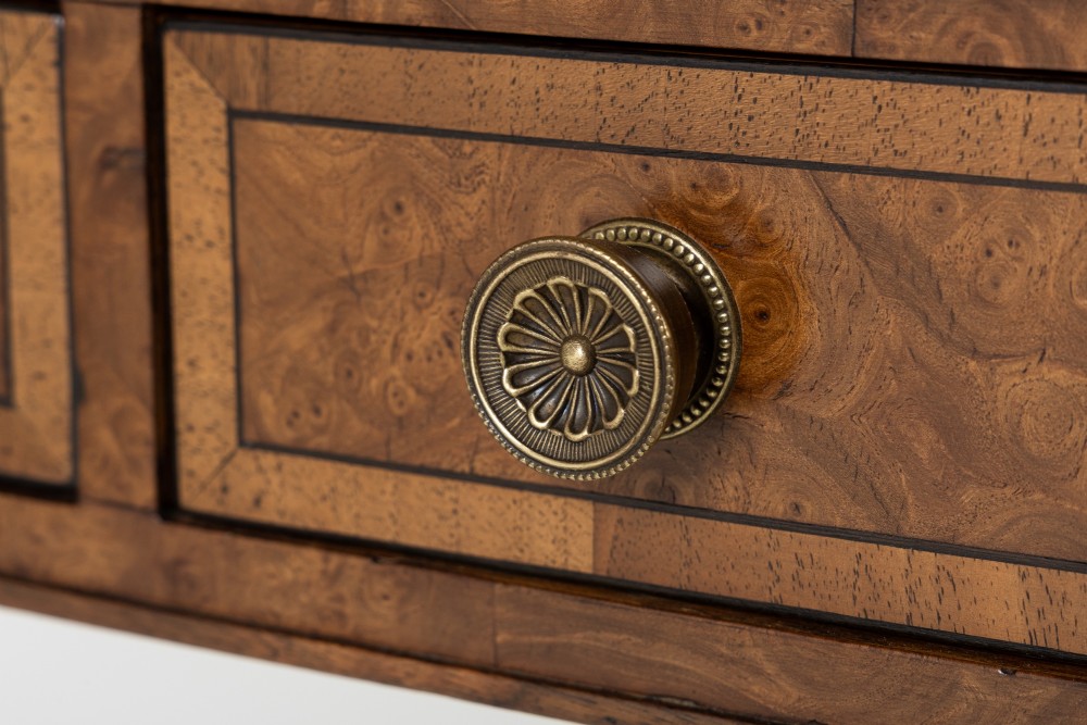A 19th-century warm brown elm sofa table with two drop leaves, two frieze drawers, twin pedestal supports, and brass castors. View VII