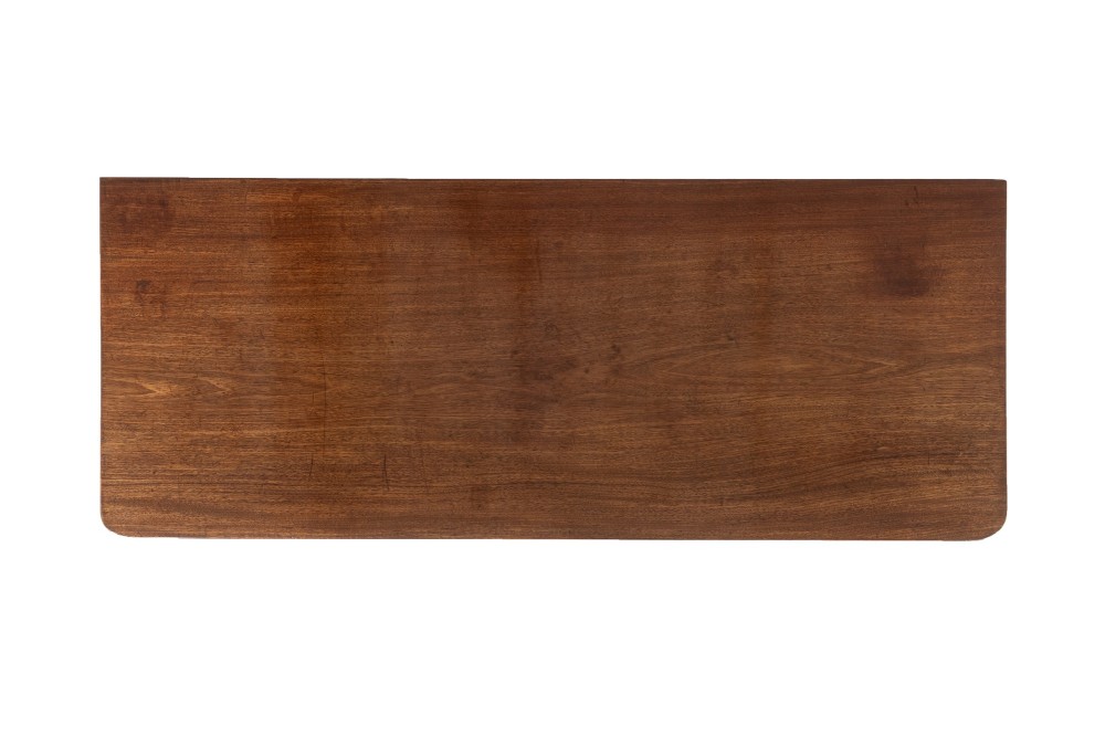A close-up detail of a 19th-century mahogany serving table frieze featuring dark ebony stringing inlay with a central diamond motif. View III