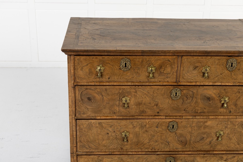 An 18th-century English burr walnut chest of drawers featuring two short over three long drawers with brass drop handles and turned bun feet. View II