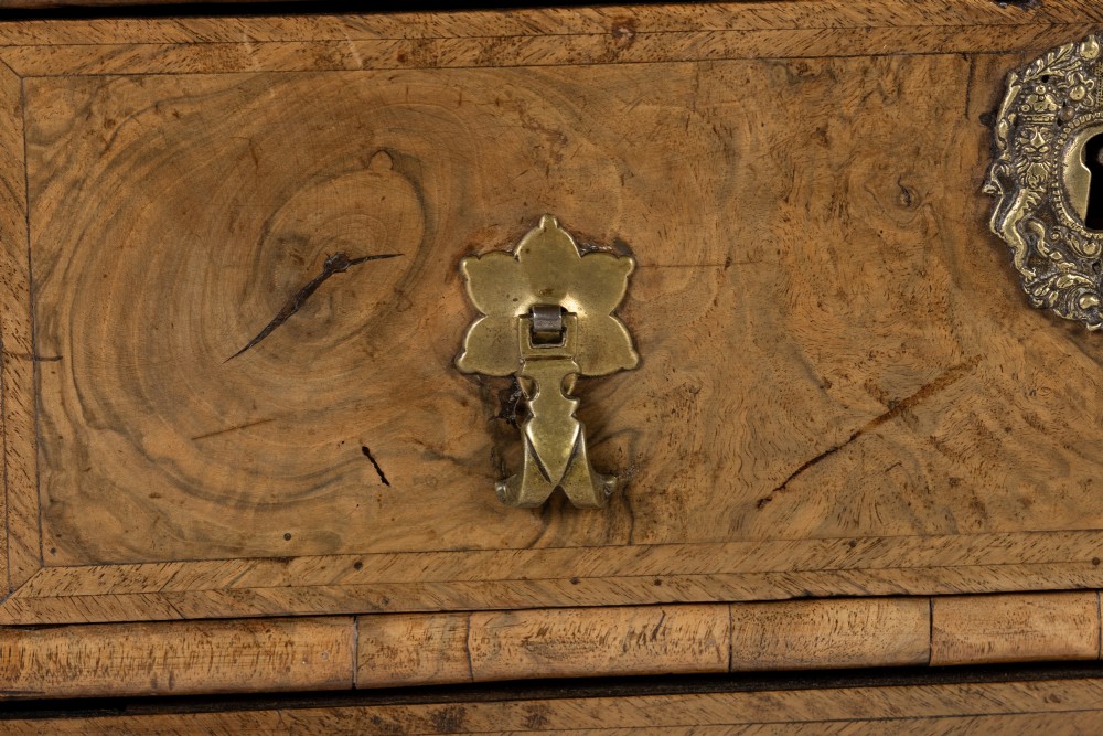 An 18th-century English burr walnut chest of drawers featuring two short over three long drawers with brass drop handles and turned bun feet. View V