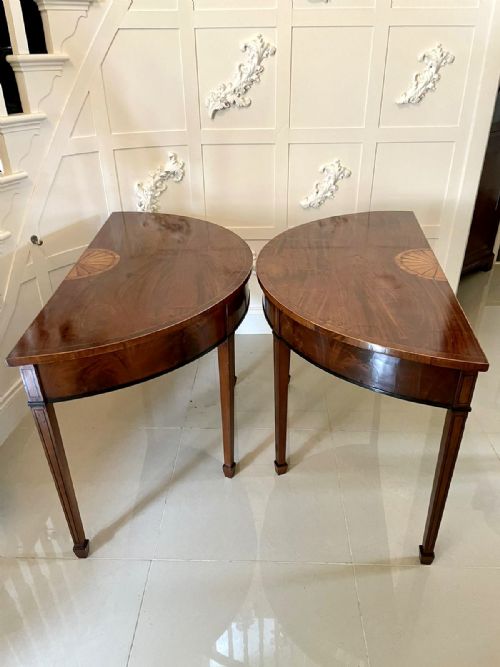 Fine Pair of George III Inlaid Mahogany Demi-lune Console Tables

