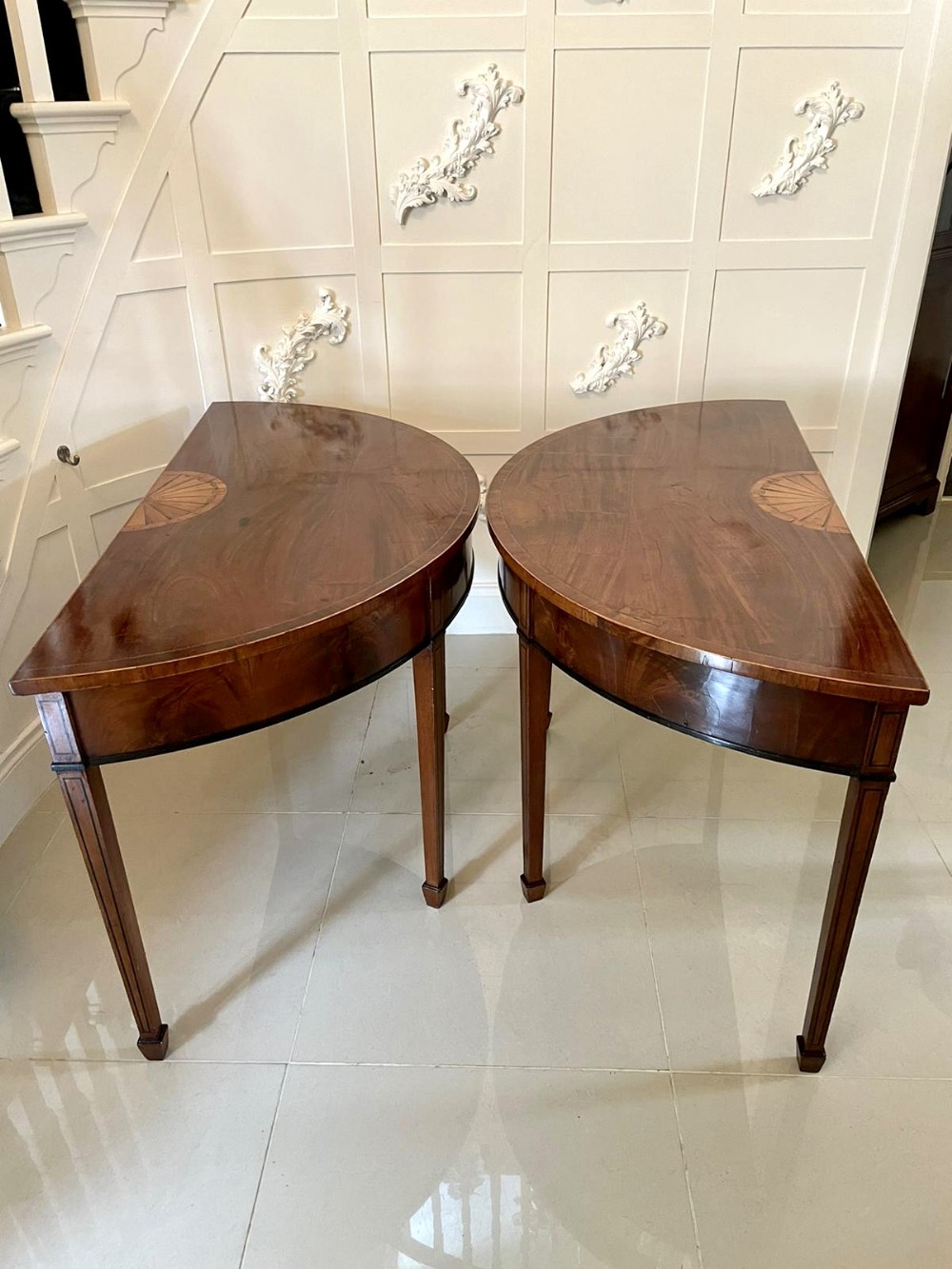  Fine Pair of George III Inlaid Mahogany Demi-lune Console Tables
