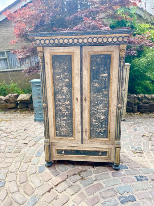 Antique pine painted Swedish two door cupboard with a drawer