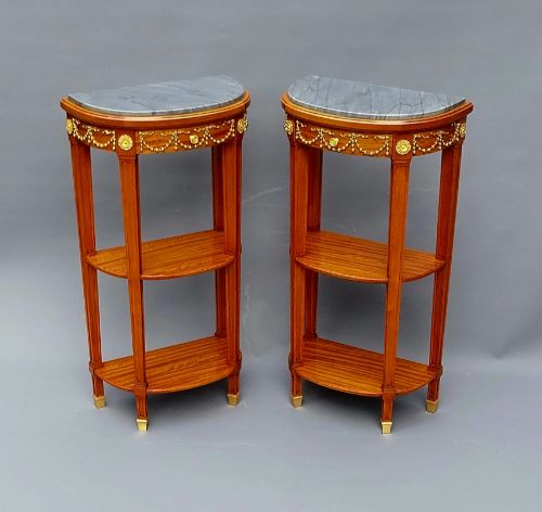 Pair of French Tables Demilune Shaped with Gilt Bronze Mounts & Marble Tops