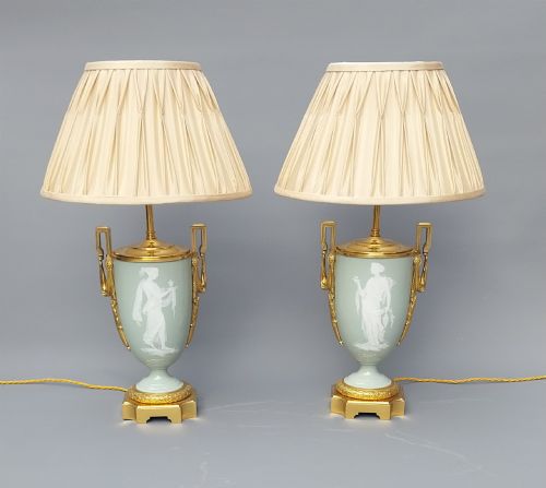 Fine Pair of 19th Century French Celadon Pâte-sur-pâte Porcelain Lamps with Figural Decoration and Gilt Bronze Mounts
