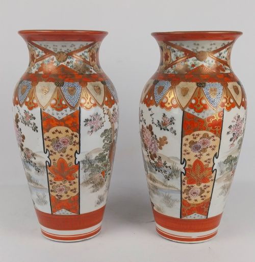 fig 3. A pair of baluster-shaped Japanese Kutani porcelain vases decorated with hand-painted birds, flowers, iron-red panels, and gold accents.