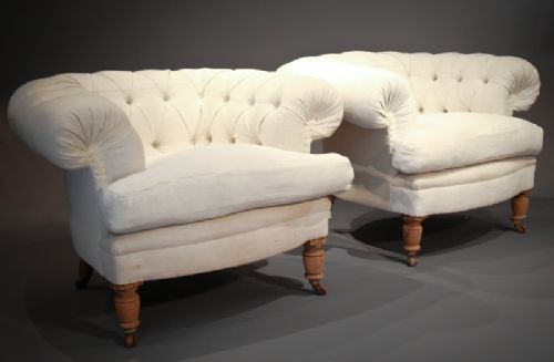 Pair of Linen Chesterfield Arm Chairs