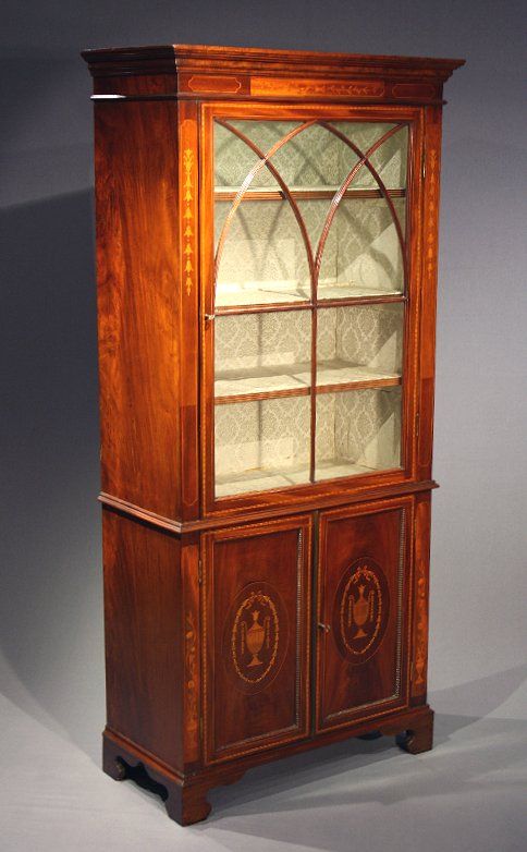 Antique Mahogany Marquetry Inlaid Display Cabinet / Bookcase