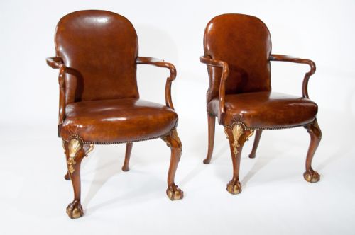 fig 1. A Superb Pair of Walnut Parcel Gilt Leather Desk Chairs