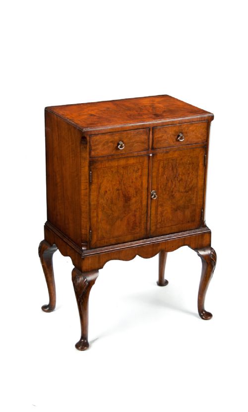 fig 1. Antique Figured Walnut Side Cabinet On Cabriole Legs 