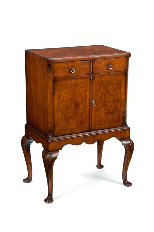 fig 2. Antique Figured Walnut Side Cabinet On Cabriole Legs 