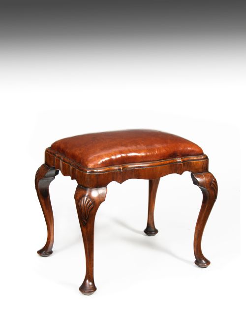 Antique Shaped Walnut and Leather Stool
