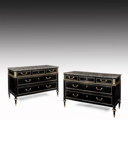 Pair of Ebonised Directoire Brass Mounted Marble Top Commodes
