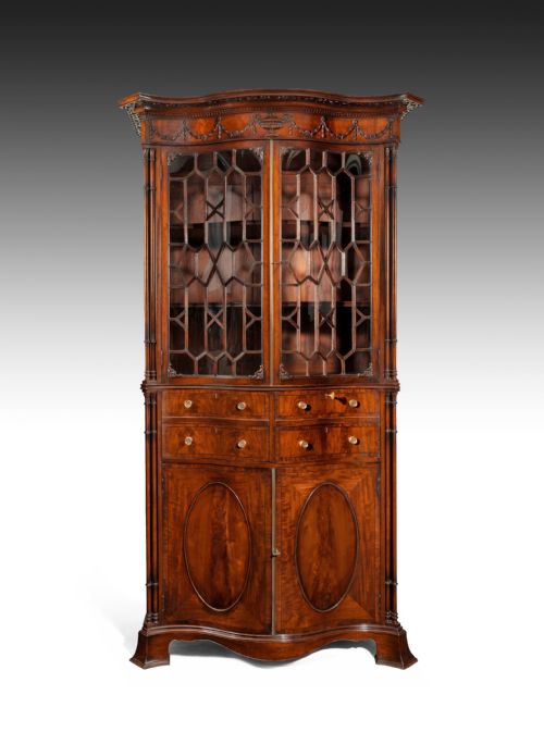 Fine Large Serpentine Mahogany Secretaire Bookcase in the Manner of Thomas Chippendale
