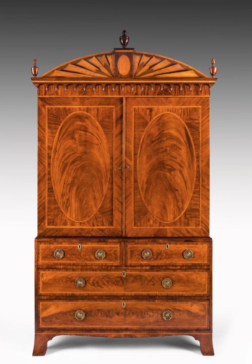 An Important Sheraton George III 18th Century Mahogany and Satinwood Linen Press