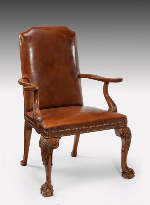 Fine Set of Eight (6+2) Walnut and Leather Upholstered Dining Chairs